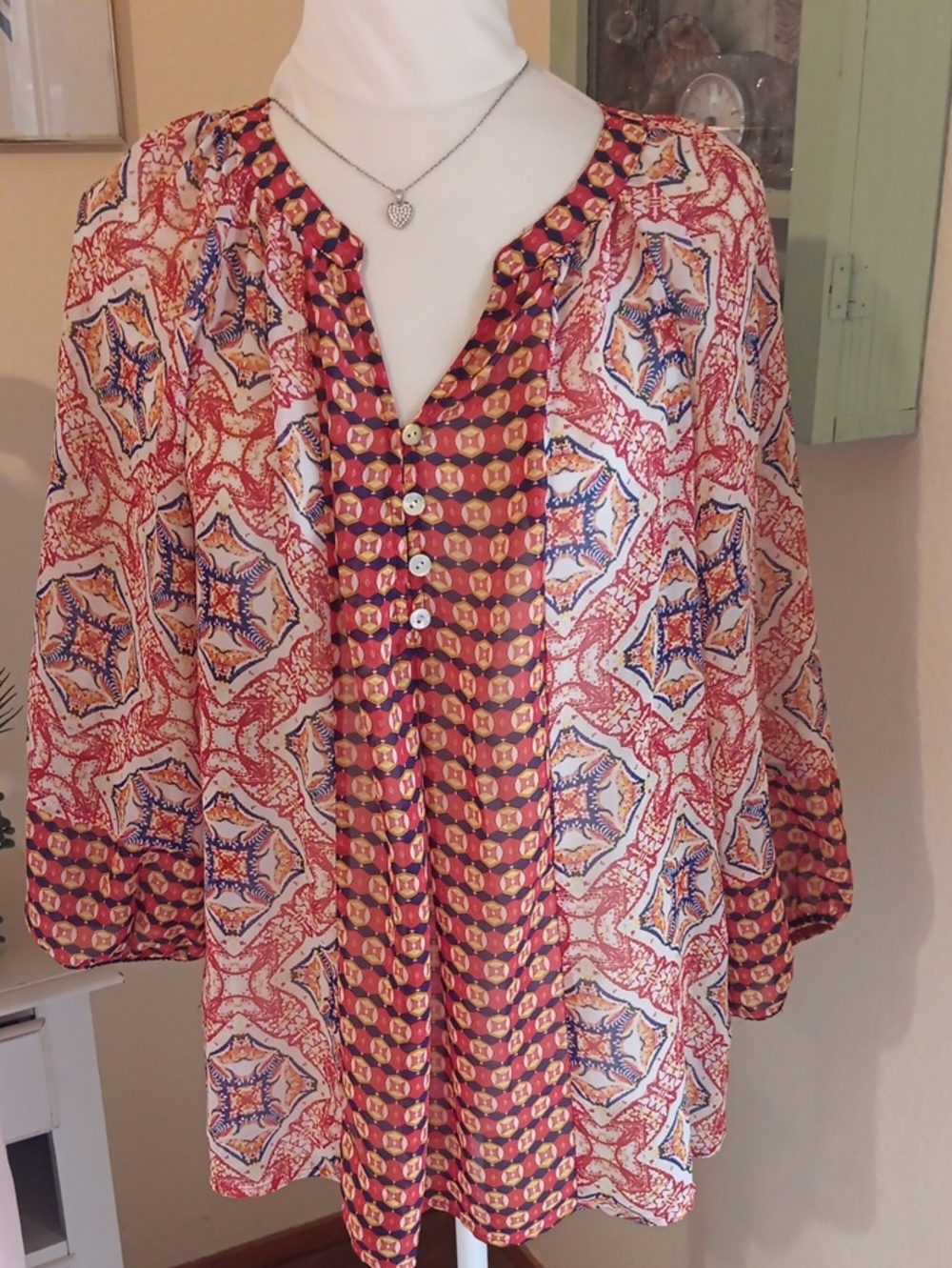 Fig And Flower Anthropologie Women's Printed Red Boho Blouse. Autumnal.